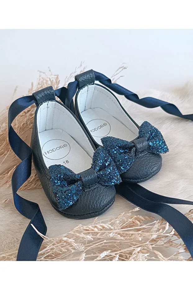 Детские балетки для девочек из натуральной кожи Perla stone navy blue genuine leather baby ballerina shoes Hodore, Navy Blue With Stones
