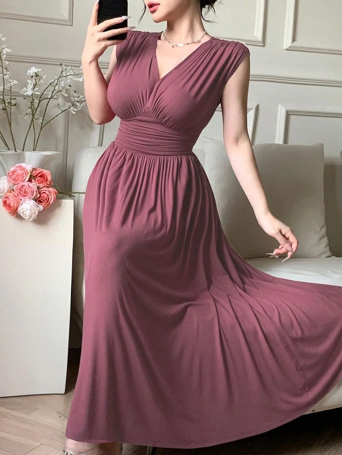 Женское повседневное платье миди с V-образным вырезом Red Violet — фото 3