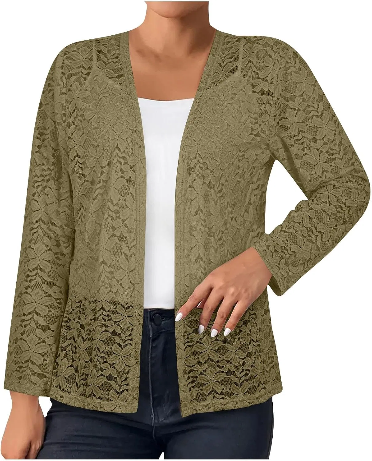 Женский легкий кардиган без застежки с кружевной сеткой, Long Sleeve Loose Cardigans, зелёный