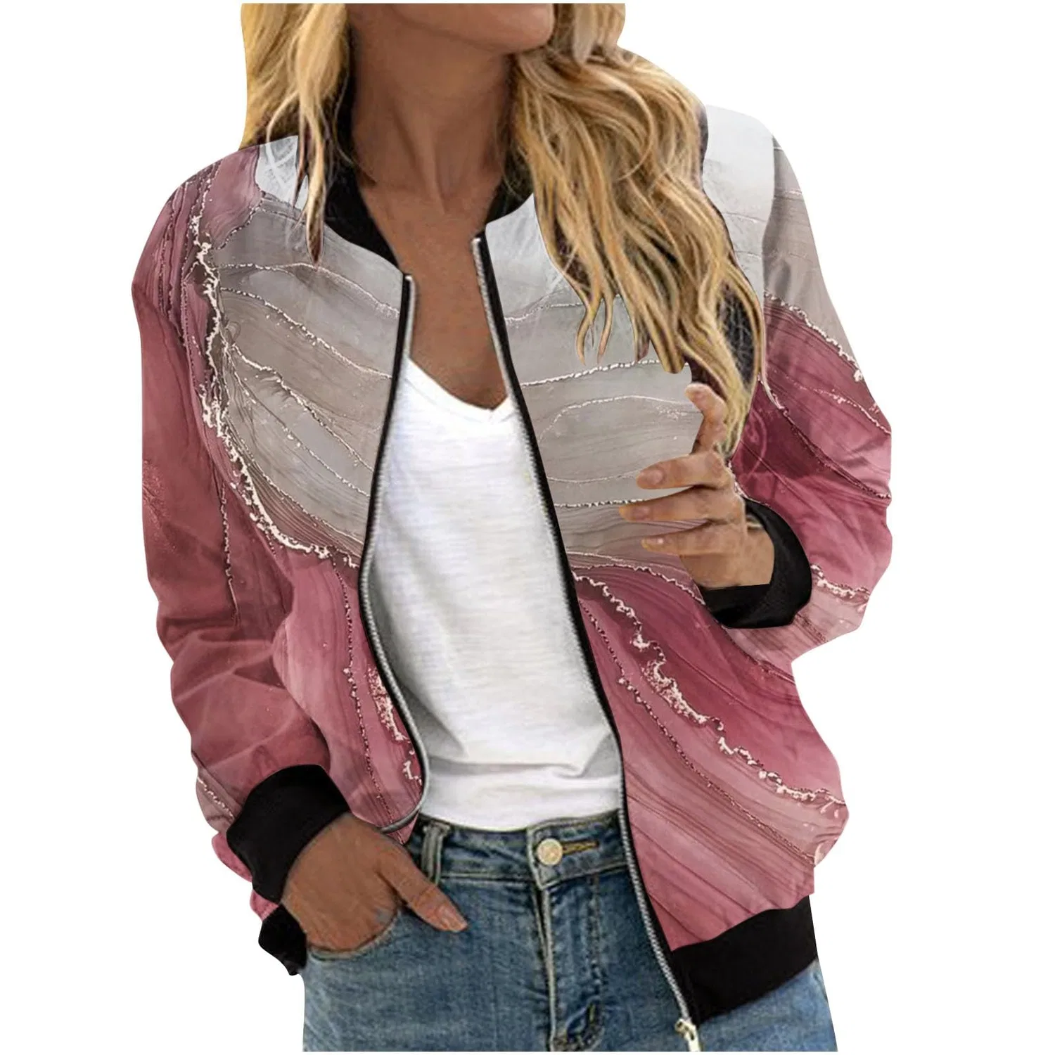 Женское пальто с принтом Bomber Giacca Casual Loose Fit Trendy Stampato Donna Cappotti Confortevole Cappotto Inverno Donna Manica Lunga Giacca da Donna Cerniera Outwear Corsa Giacche Sport All'aperto Abiti Autunno, vino