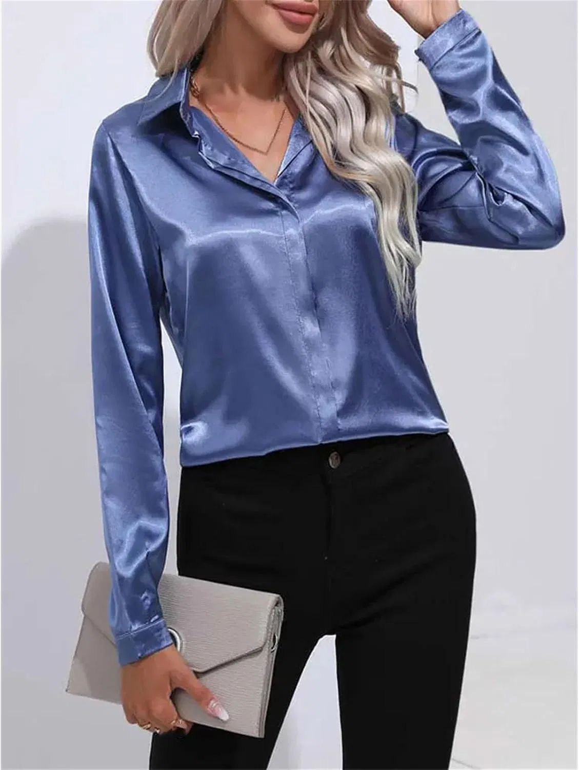 Женская блузка из атласа с длинным рукавом, свободного кроя, Button-Down Shirts — фото 4