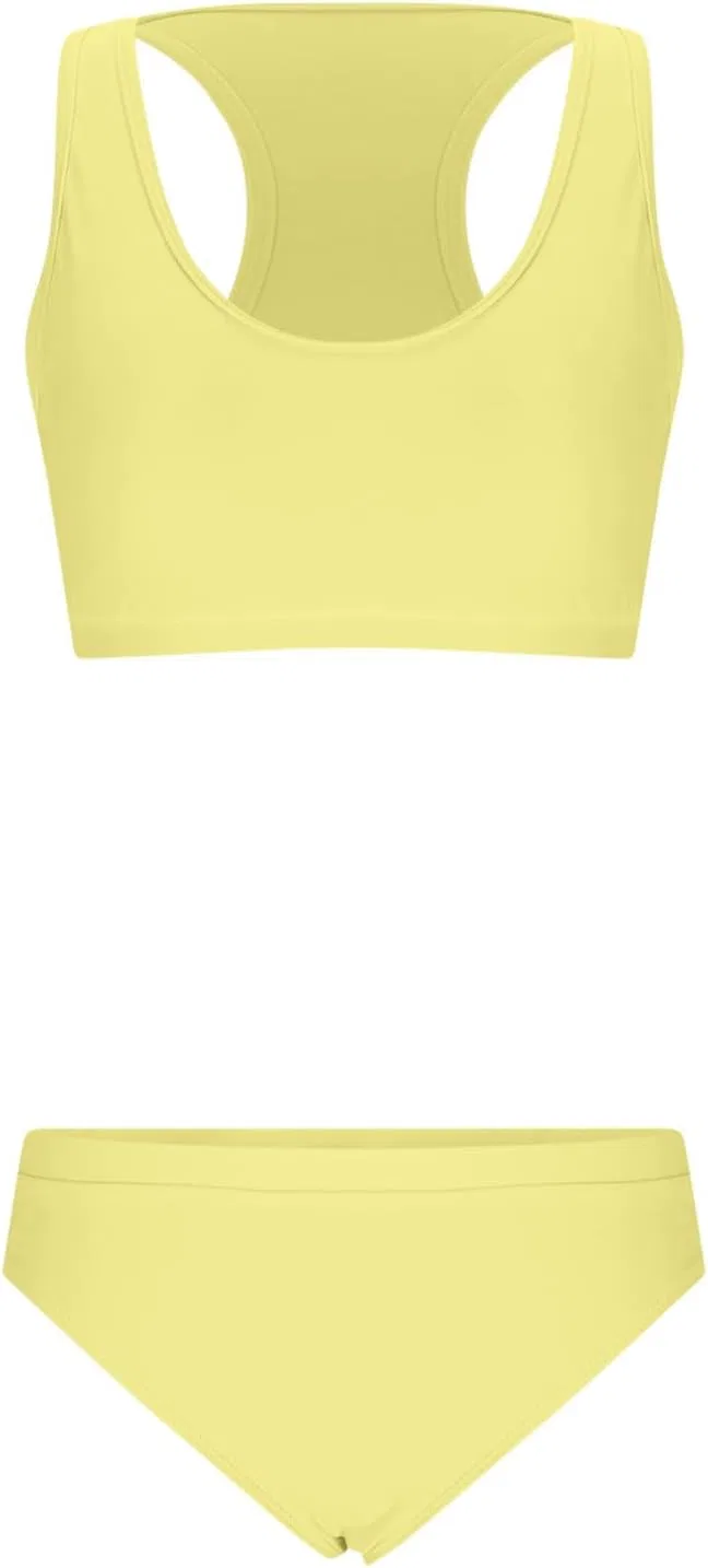 Женский спортивный бикини-комплект с расибек топом и высокой талией Yellow — фото 4