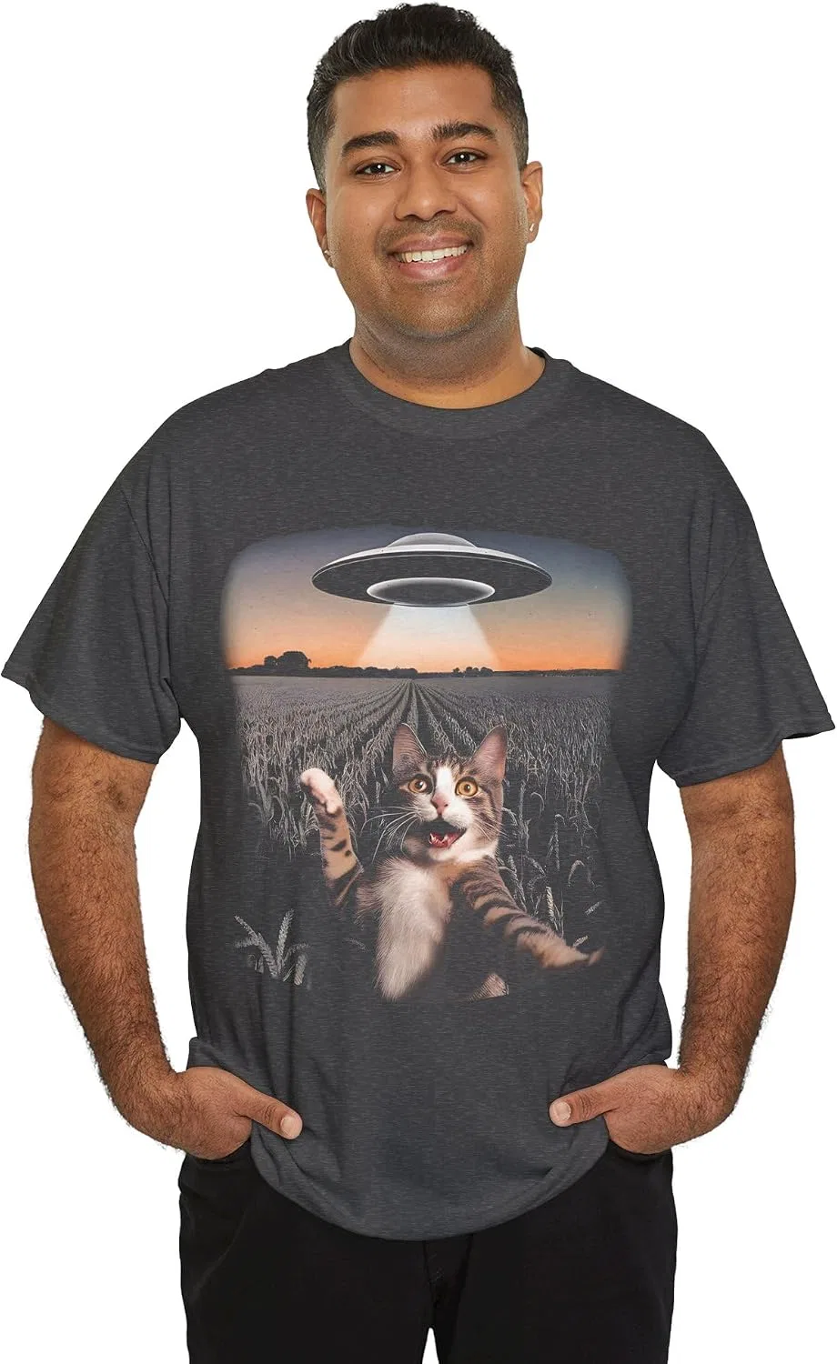 Женская футболка с принтом Cat Selfie with Alien UFO, тёмно-серый меланж — фото 4