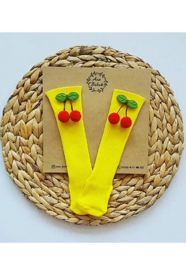 Детские носки для девочек с принтом красной вишни Asa Bebek Çocuk, Yellow