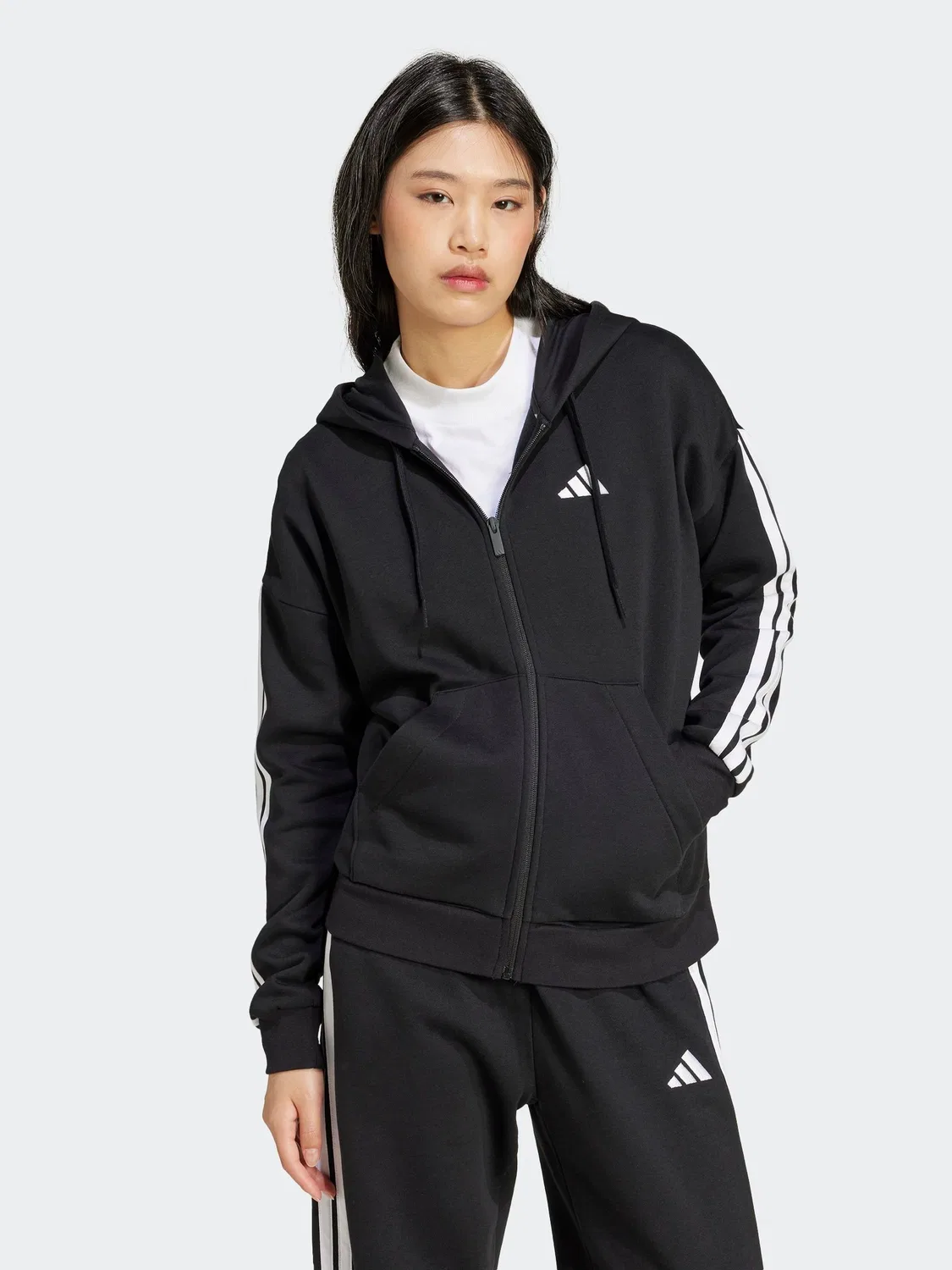 Худи на молнии с капюшоном, флис adidas, черный — фото 2