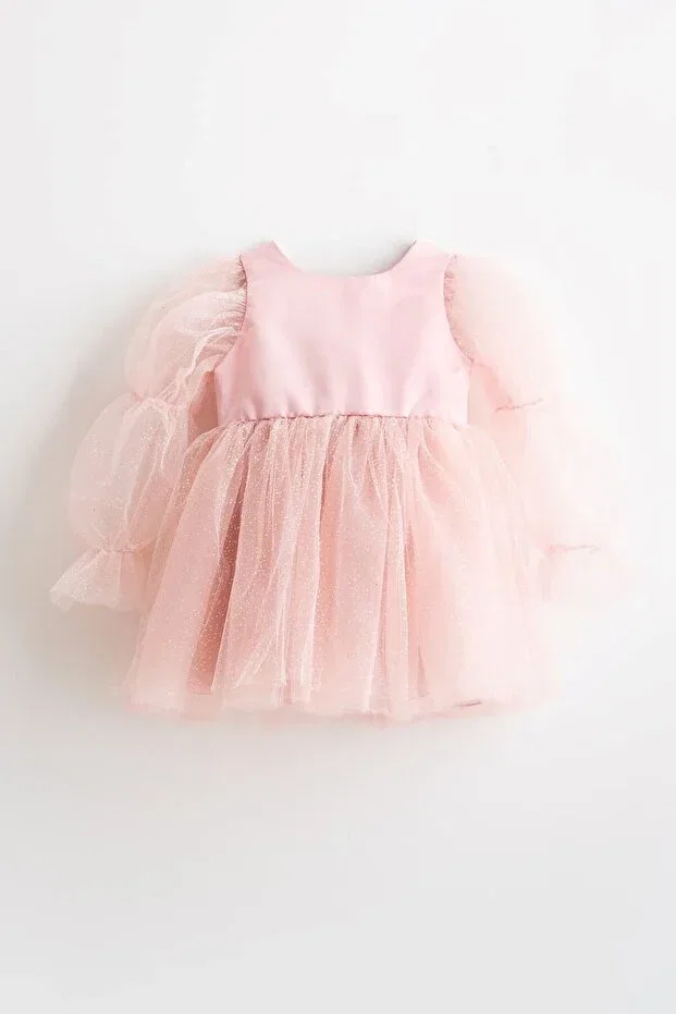 Детское платье для девочек с длинным рукавом Pearlie ruffled sleeve glitter tulle girls' dress Banamio, Powder