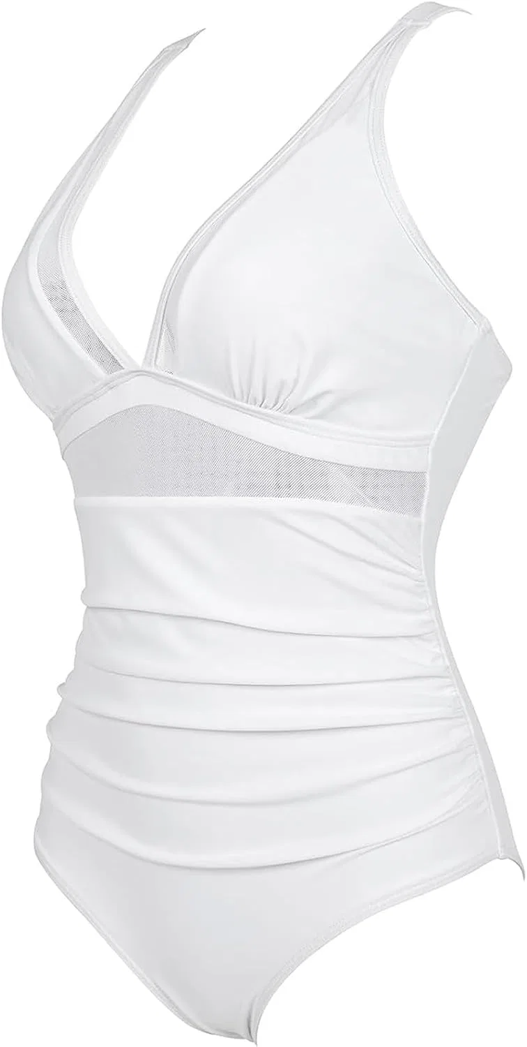 Женский слитный купальник с глубоким декольте Push Up, White — фото 3