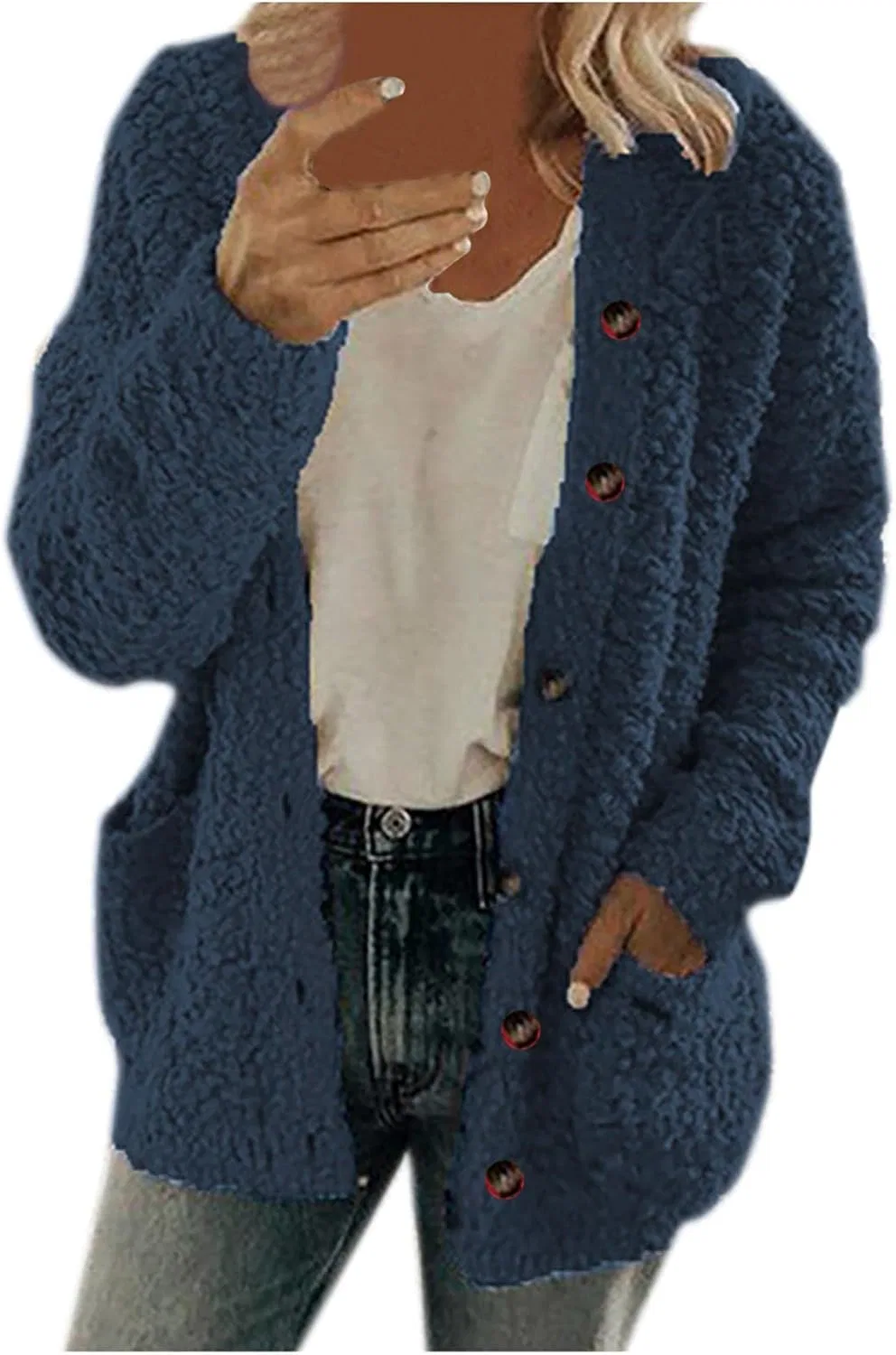 Женское пальто-кардиган на пуговицах с открытым передом, Warm Faux Fur Coats, Casual Sweater Outwear, тёмно-синий
