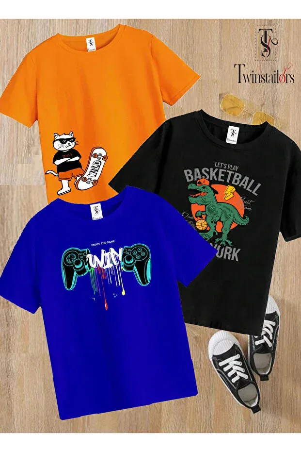 Детский комплект футболок для мальчиков с принтом Game Console Printed Twins Tailors, Sax Blue Orange