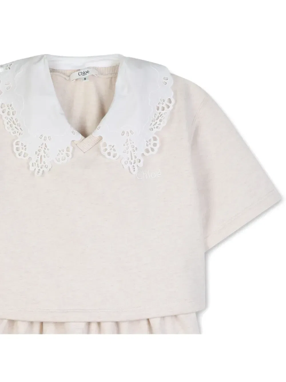 Платье с короткими рукавами и вышитым ворником Chloé Kids, бежевый — фото 4