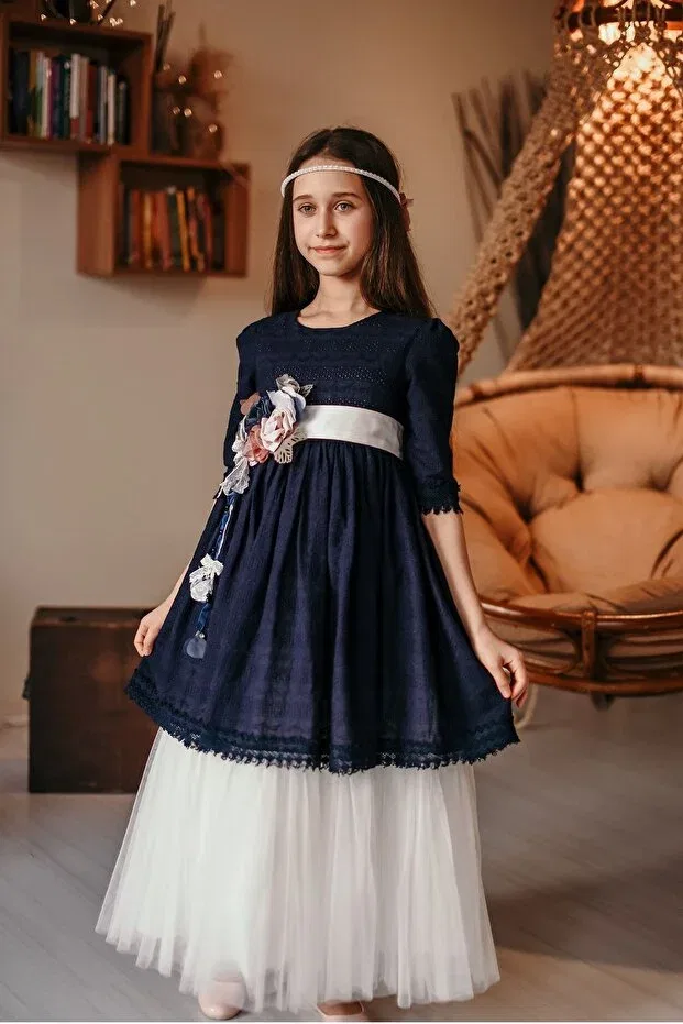 Детское платье для девочек с длинным рукавом Mialora Exclusive, Navy Blue