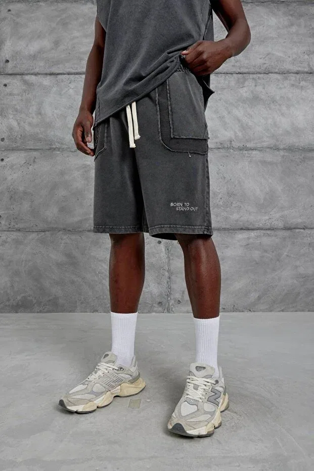 Детские шорты для мальчиков с принтом Born to Stand Out Smoked Oversize Loose Fit 2 Thread Without Drawstrings Nomarc, Smoke Grey