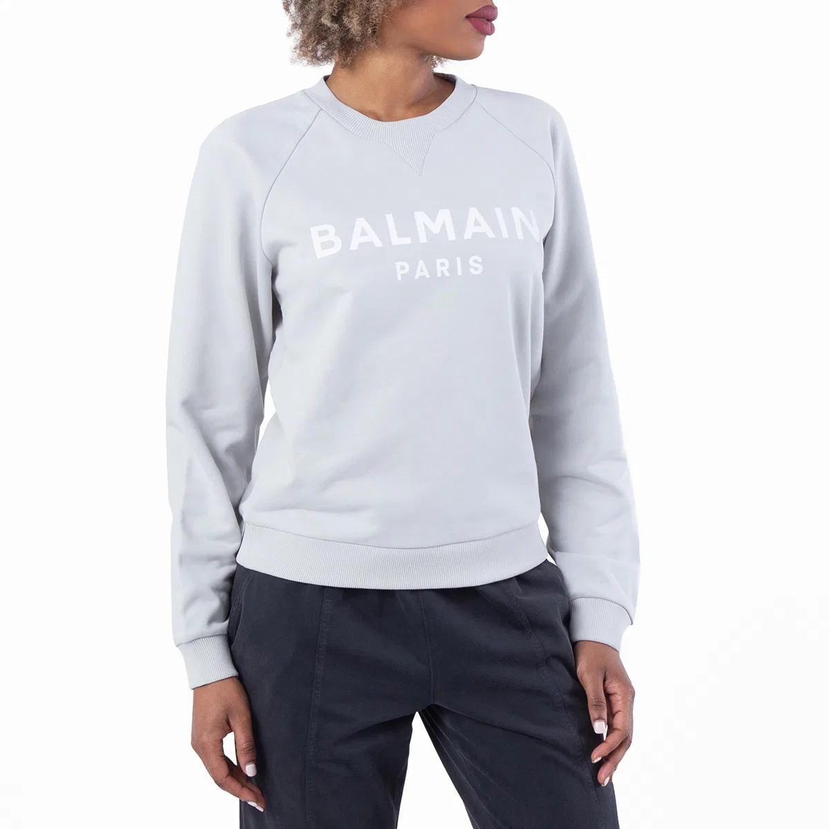 Свитшот с логотипом из хлопка Logo Print Eco-Designed Cotton Sweatshirt Balmain, Light Grey/White — фото 2