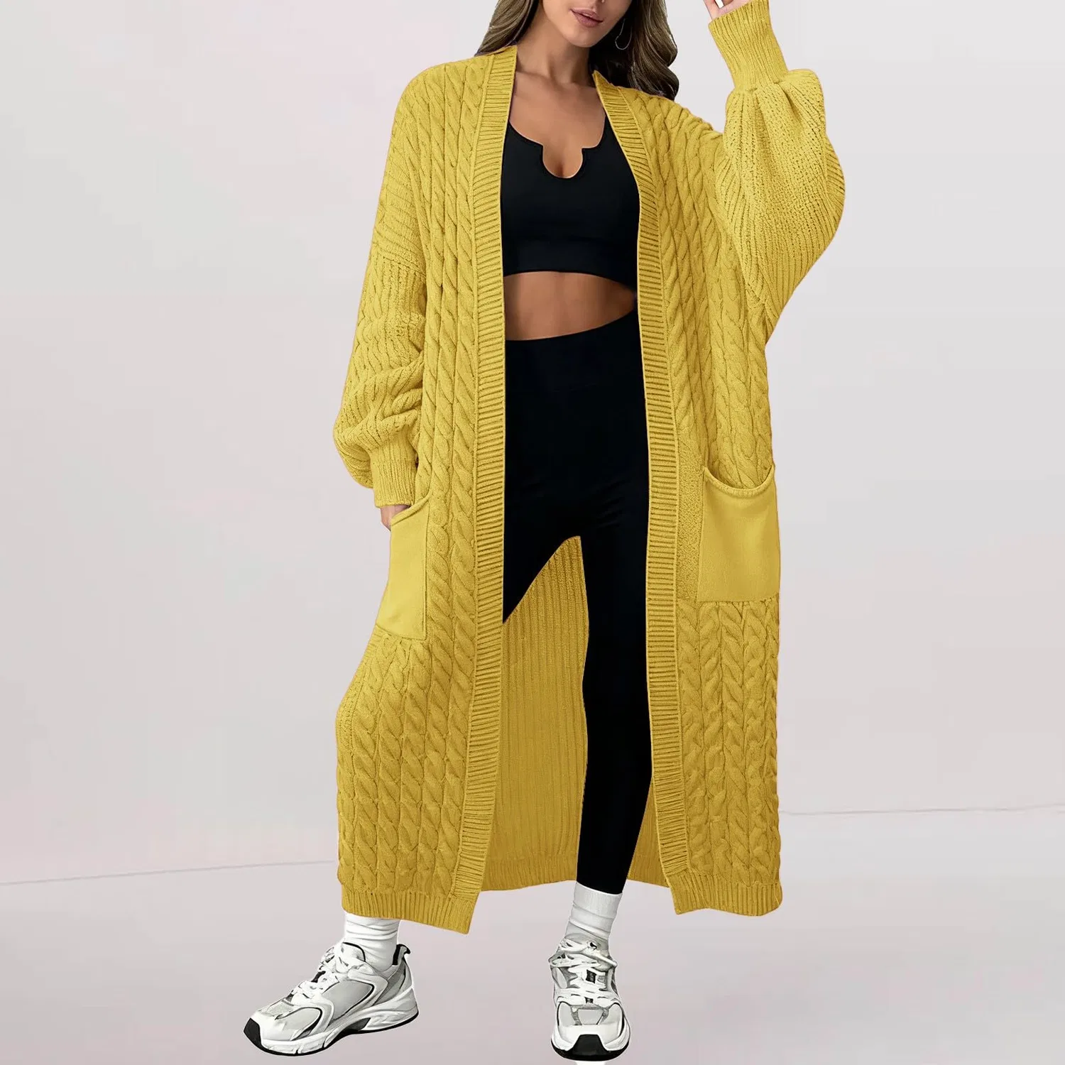 Женский удлиненный кардиган крупной вязки с карманами Plian Elegant Open Front Coat, Giallo — фото 2