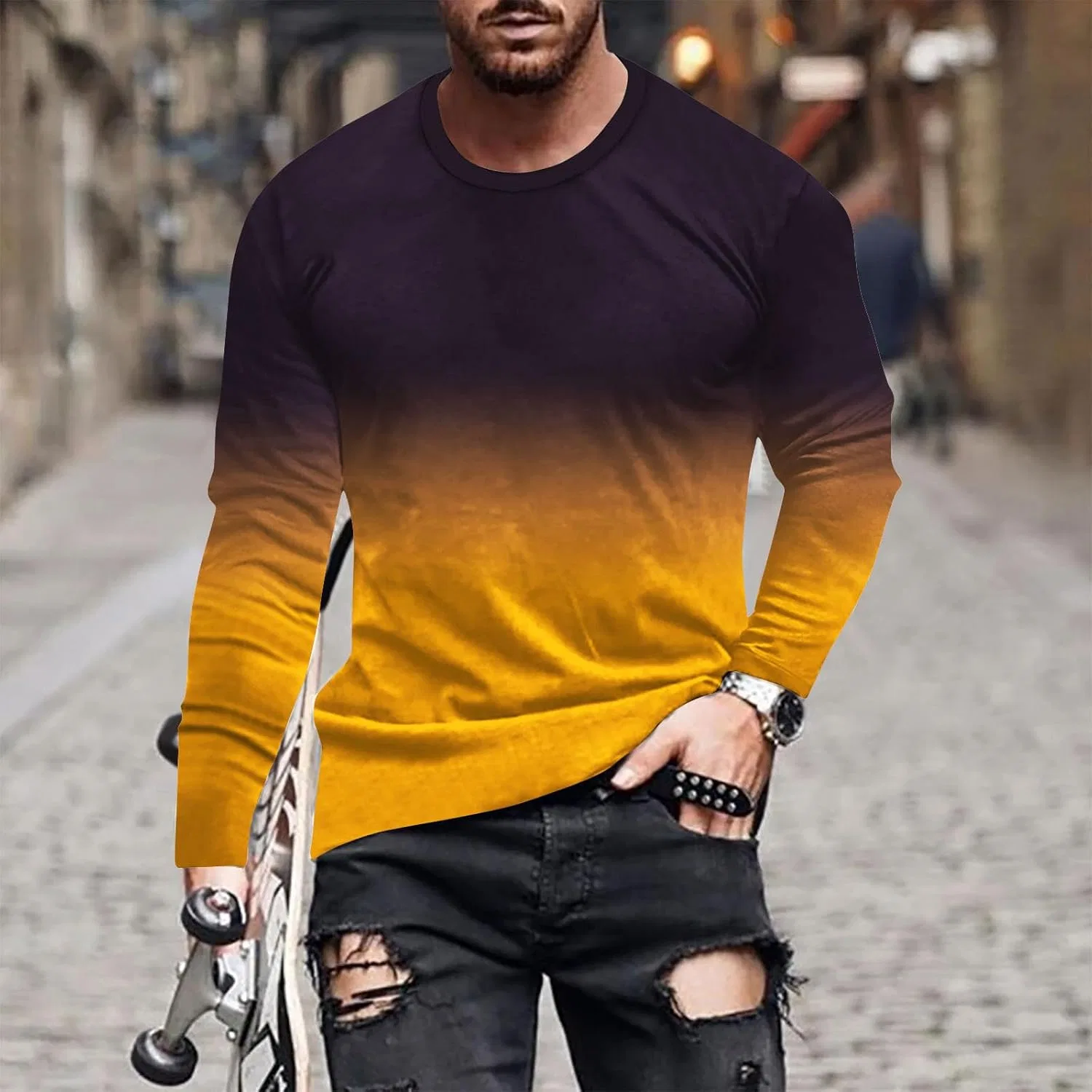 Мужская футболка с градиентным принтом, Long Sleeve, Yellow — фото 2