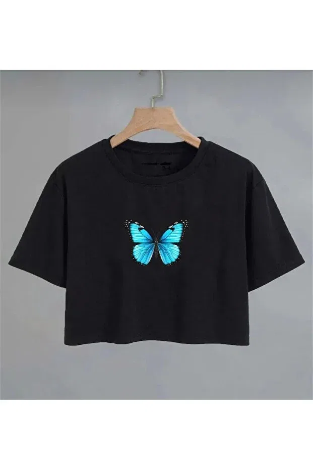Детское укороченное платье-футболка с принтом Blue Butterfly Nigrum Pardus, Black