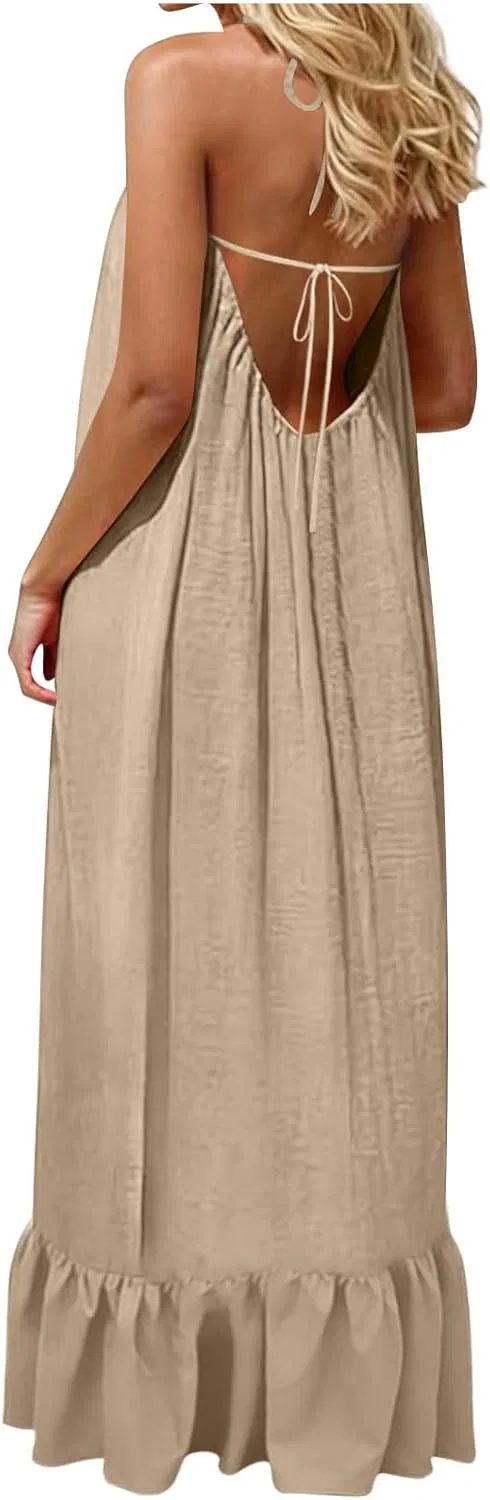 Женское пляжное платье с открытой спиной на бретелях, Beige