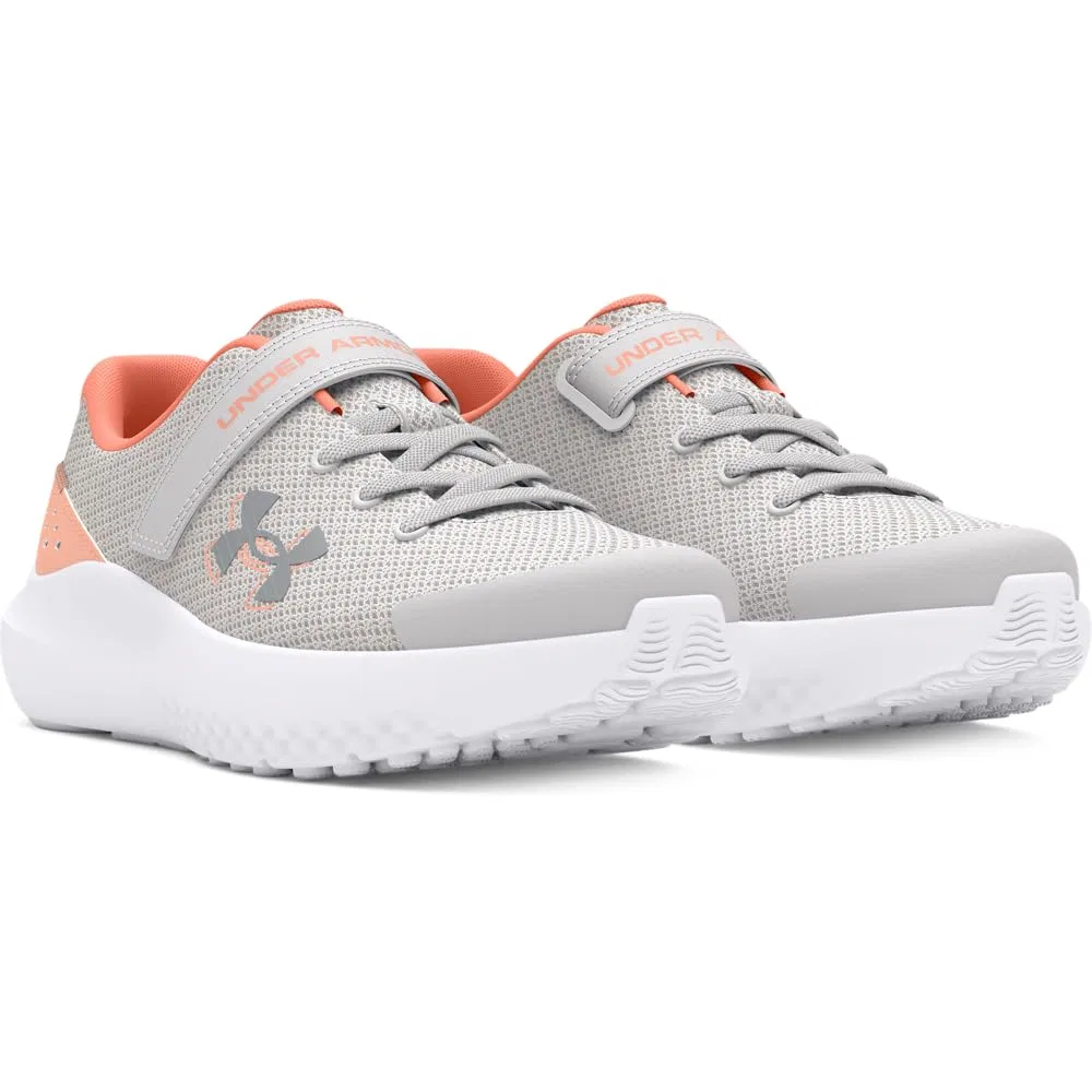 Детские кроссовки для девочек с липучками Pre School Surge 4 Alternate Closure Under Armour, Grey Distant Orange Flare Metallic Silver — фото 2