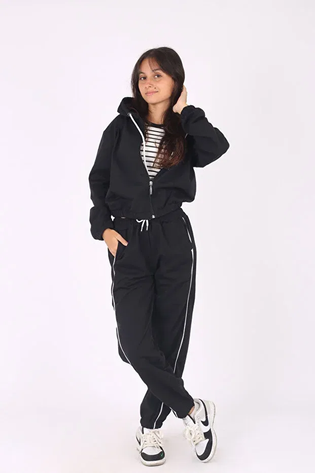 Детский комплект спортивного костюма для девочек 2-Piece zippered hooded crop jacket and ribbed bottom girls' tracksuit set Armicem, Black