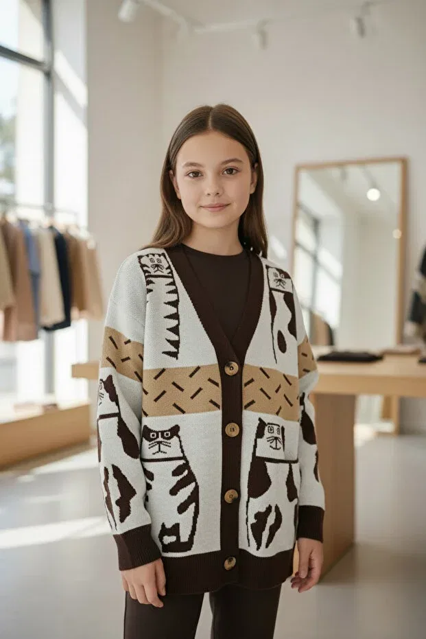 Детский кардиган для девочек с принтом Cat Printed Minimoda Kids, Beige