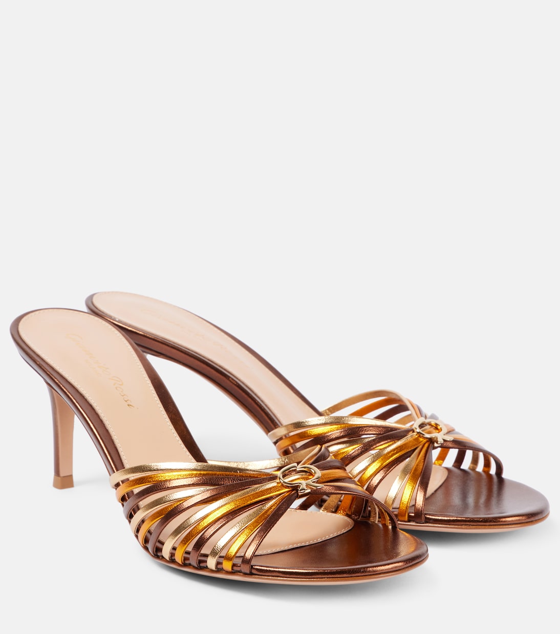 Мюли Vyna 70 из кожи металлик Gianvito Rossi, Chocolate + Orange + Mekong