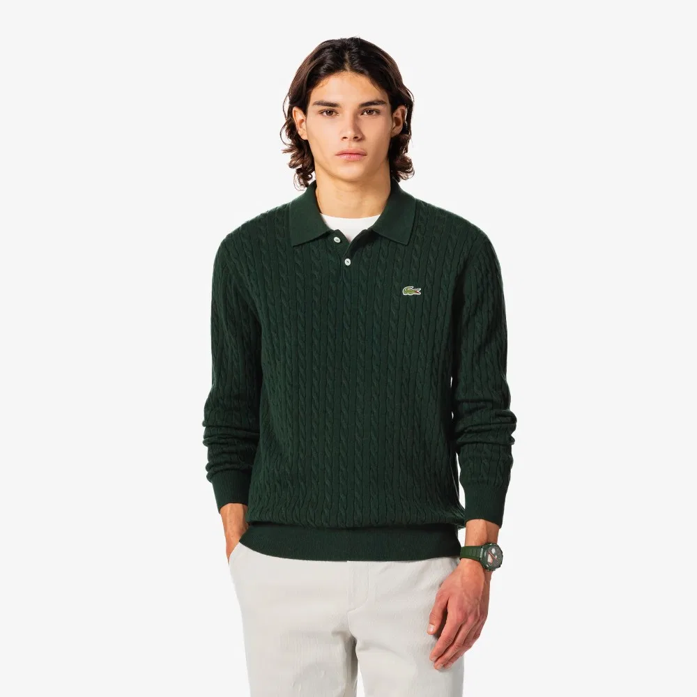 Мужской вязаный поло-свитер с косами, тёмно-зелёный, от Lacoste