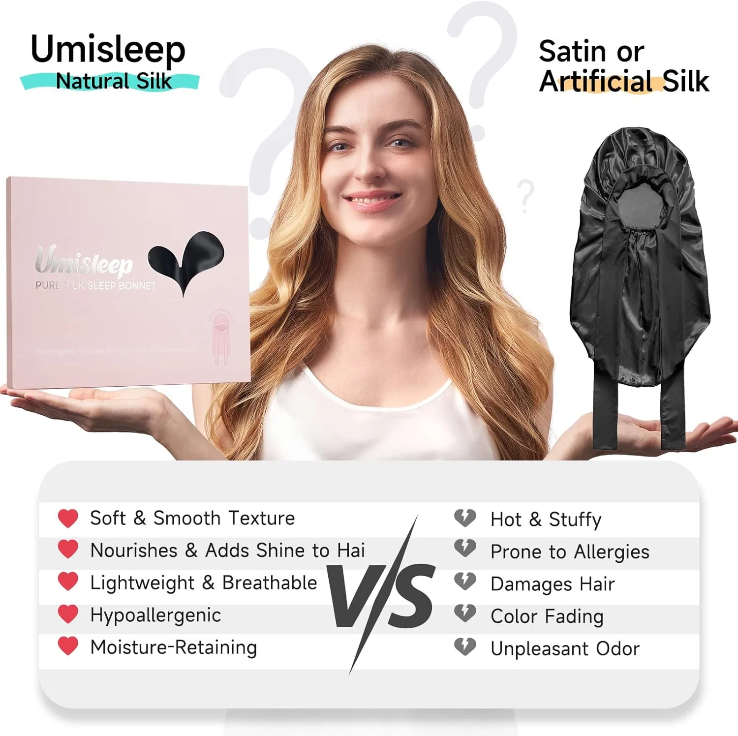 Двусторонняя шапочка для сна из 100% тутового шелка Umisleep 22 момме Umisleep, Black — фото 3