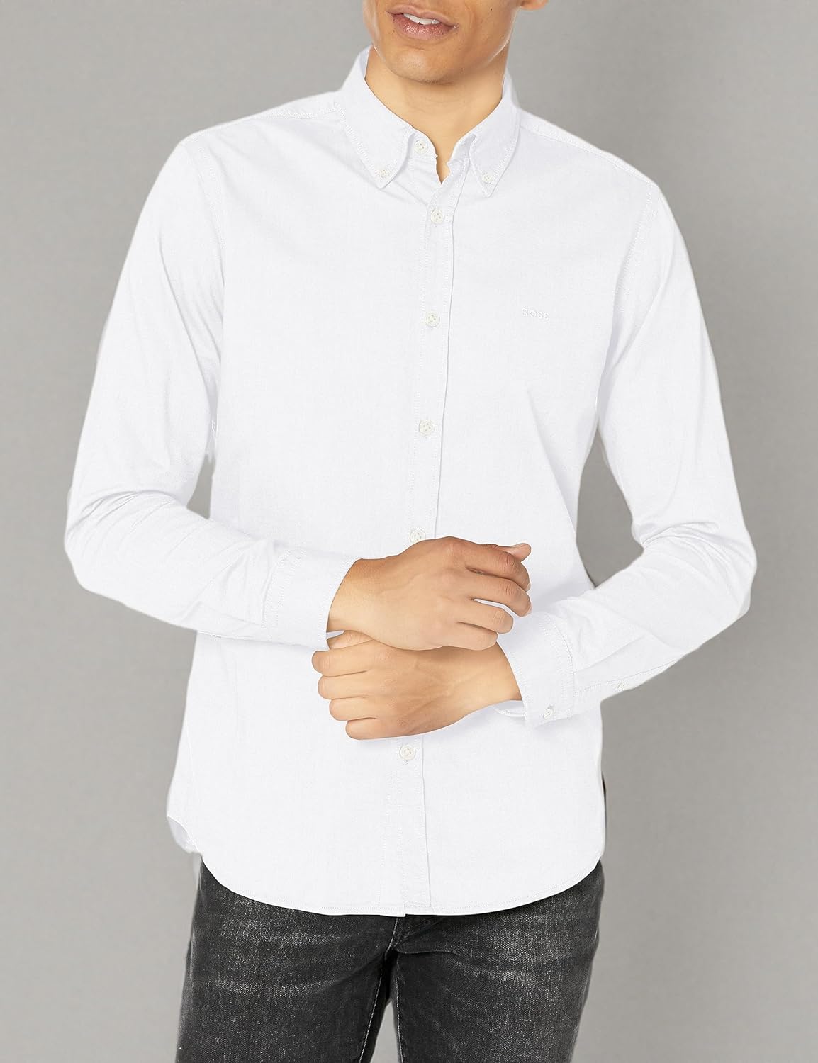 BOSS Мужская однотонная хлопковая оксфордская рубашка на пуговицах, Marshmellow White — фото 3