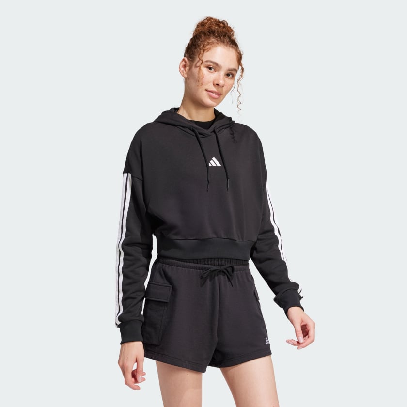 Женская толстовка с капюшоном Adidas Essentials 3-Stripes French Terry Crop Adidas, черный/белый — фото 3