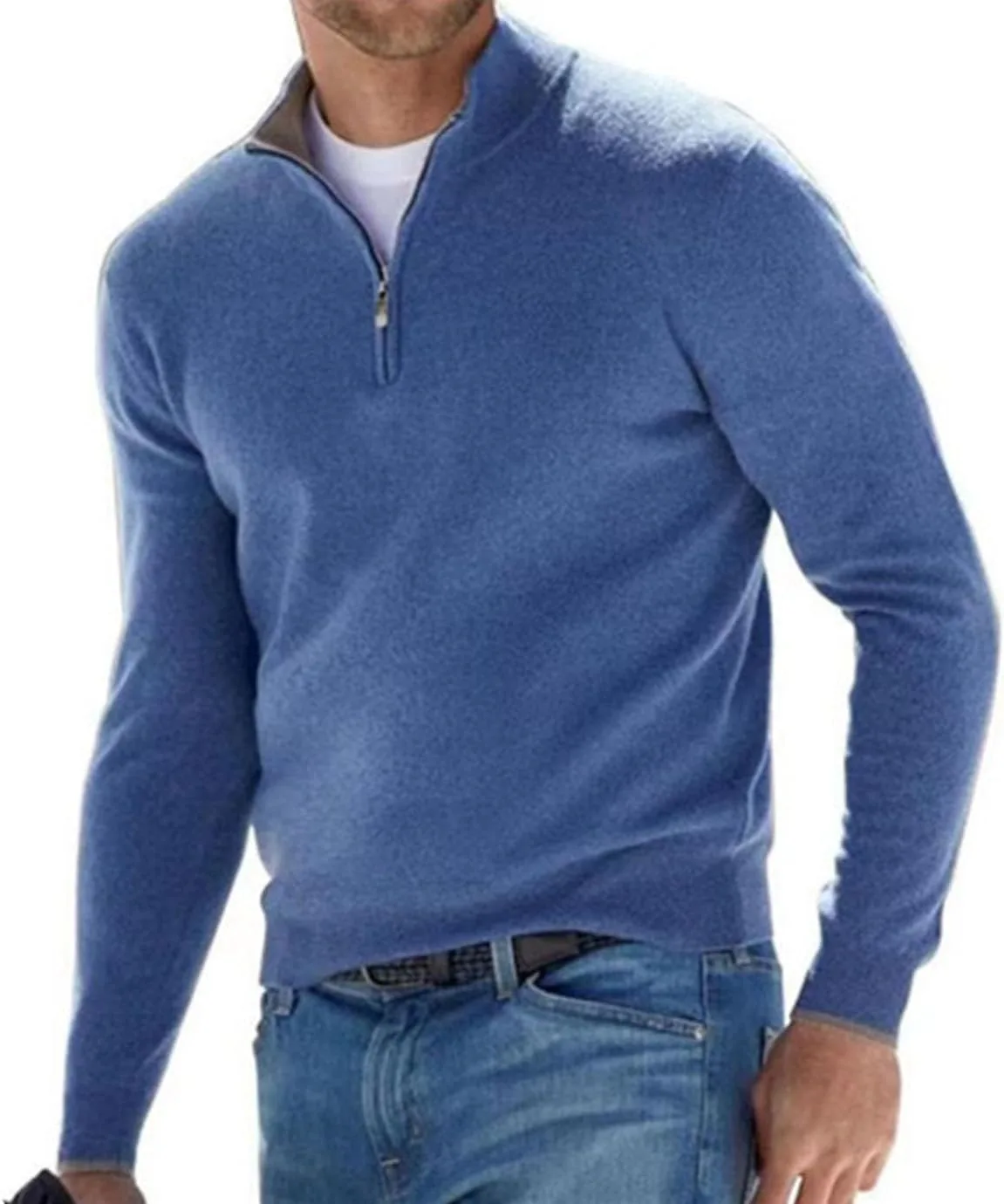 Мужской свитер с четвертью молнии, Slim Fit легкий воротник-стойка