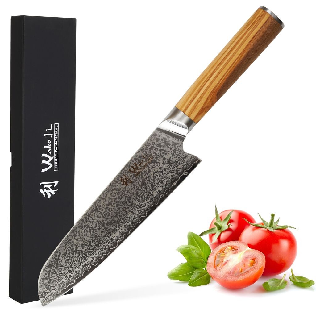 

Нож Wakoli Oribu Damascus Santoku I Лезвие 18 см из 67 слоев дамасской стали I Ручка из оливкового дерева