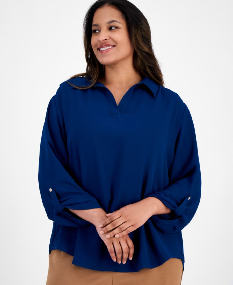 

Рубашка больших размеров с воротником, V-образным вырезом и рукавами-стойками AK Anne Klein, Baltic Teal