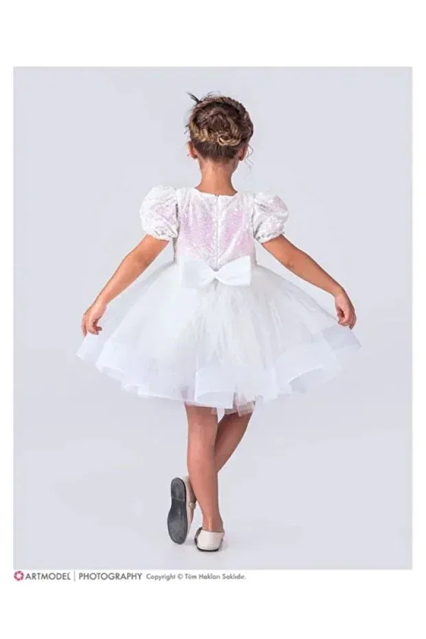 Детское платье для девочек с пайетками Tutu Green Skirted Girl's Sequined Short Sleeve Kikidi Dress Esterella, White — фото 4