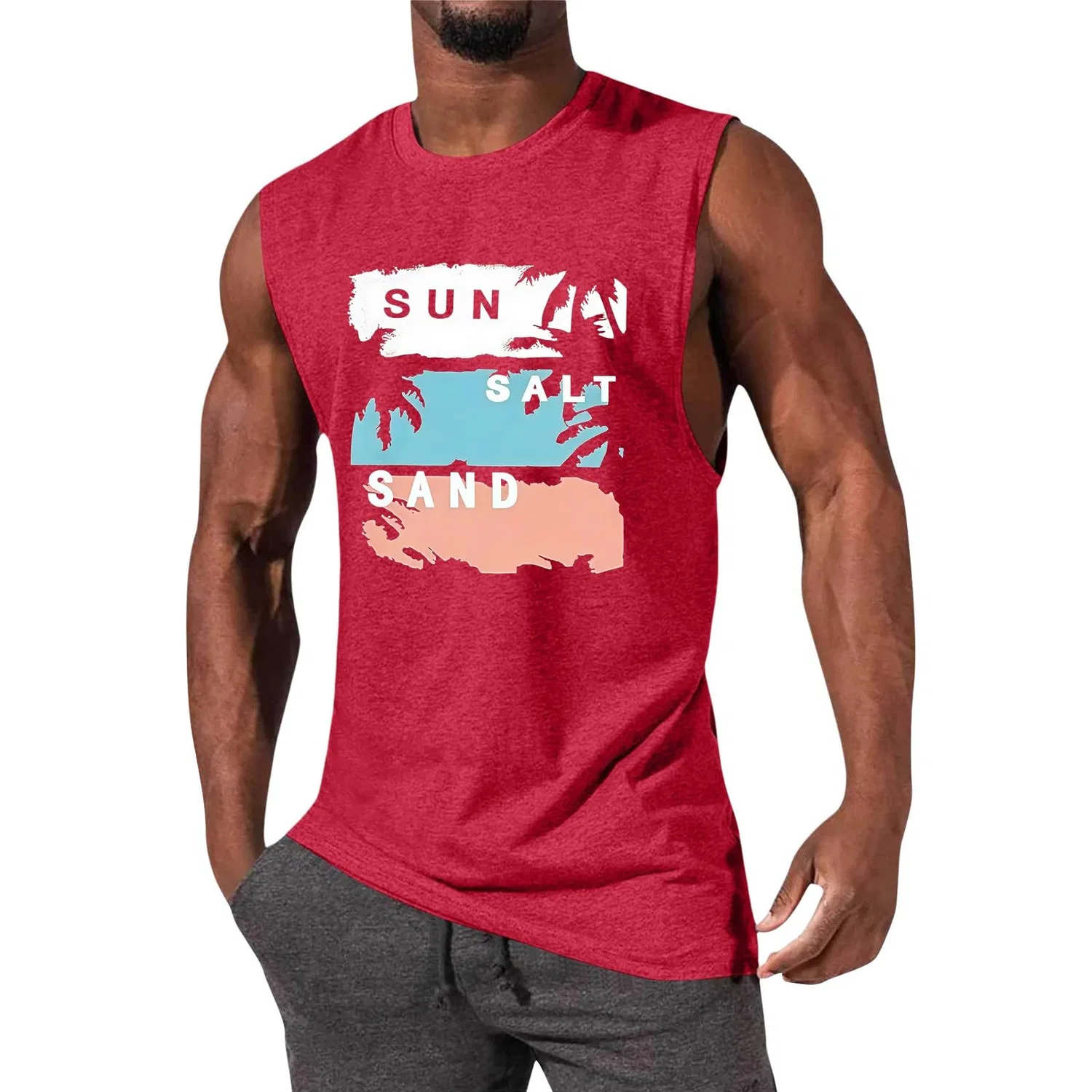 Мужская майка без рукавов с принтом Vintage Block Salt Sun Sand Palms, Rosso