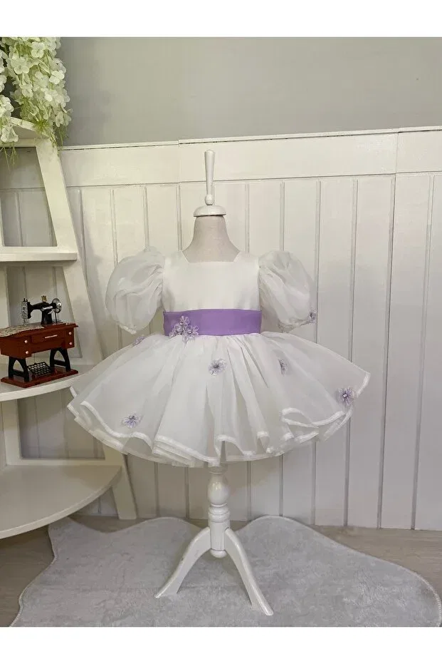 Детское платье для девочек с принтом Puffy bubble sleeve flower girl's dress Hobi, White-Lilac