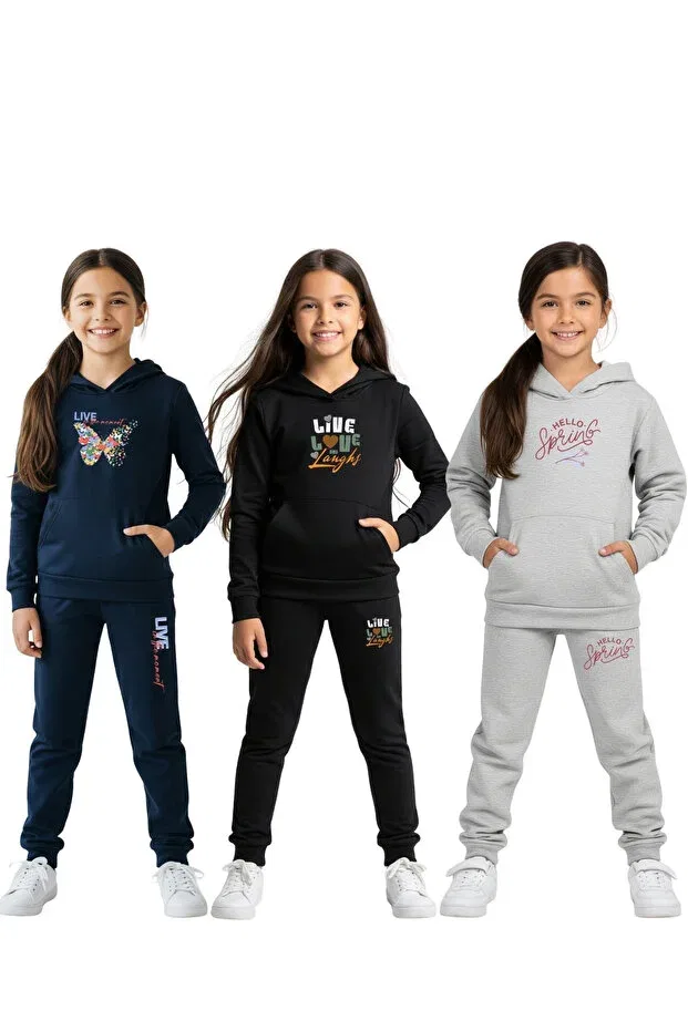 Детский спортивный комплект для девочек с принтом 3-Piece hooded kangaroo pocket printed girl's tracksuit set Fyk Kids, Navy-Black-Grey
