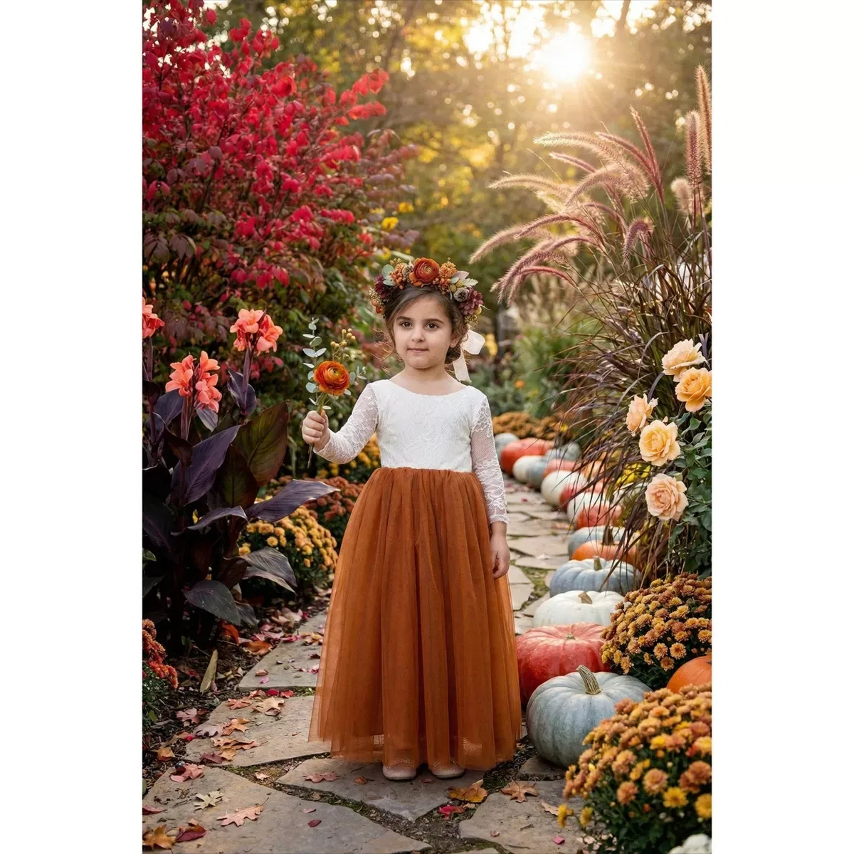Детское платье-макси для девочек с длинным рукавом Rose Lace Tulle 2bunnies, Orange — фото 2