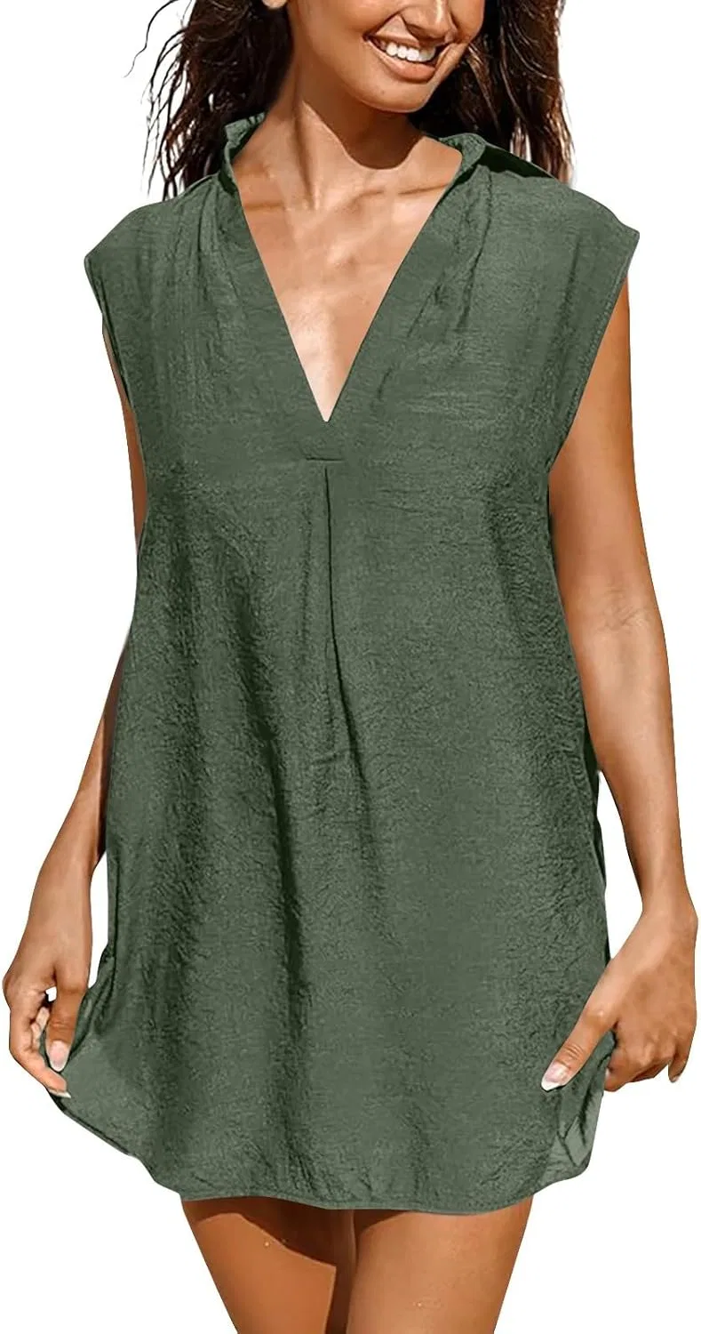 Женское повседневное платье мини из льна и хлопка, Army Green