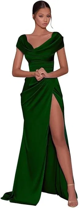Женское атласное платье-русалка с открытыми плечами Corset Side Slit, Emerald Green
