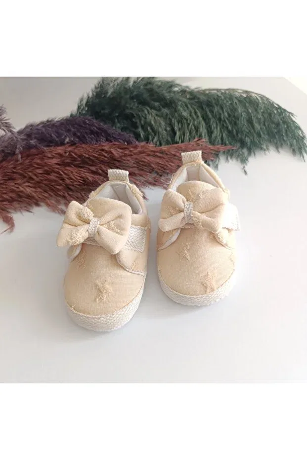 Детские пинетки для девочек с принтом 5204 Flower & Star Pattern Bow Detailed Baby Girl First Step Booties Shoes Size 18-19 Leoncino, Beige — фото 4