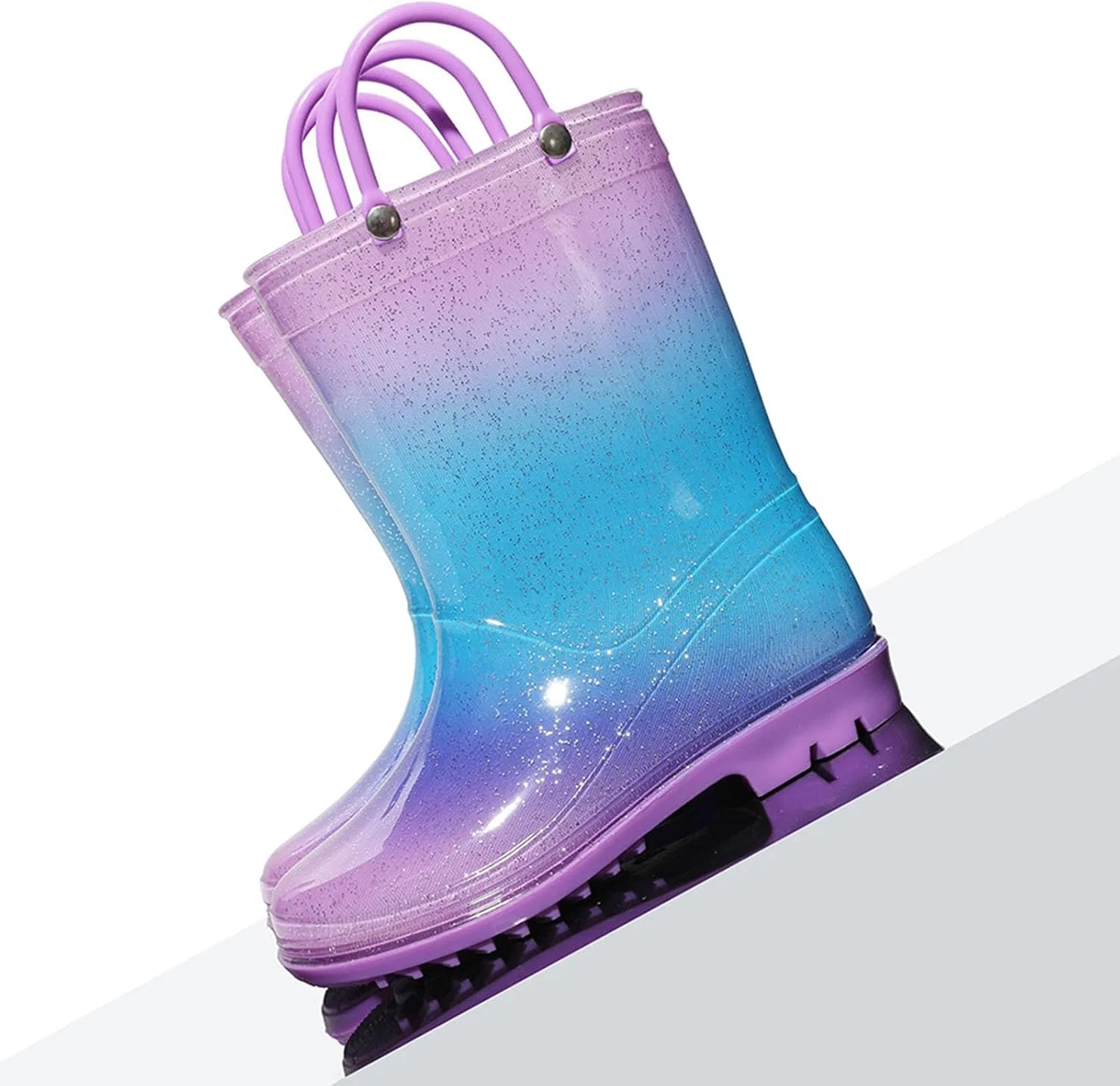 Детские резиновые сапоги с ручкой для мальчиков и девочек, с принтом, Mid Calf, Light Purple — фото 3