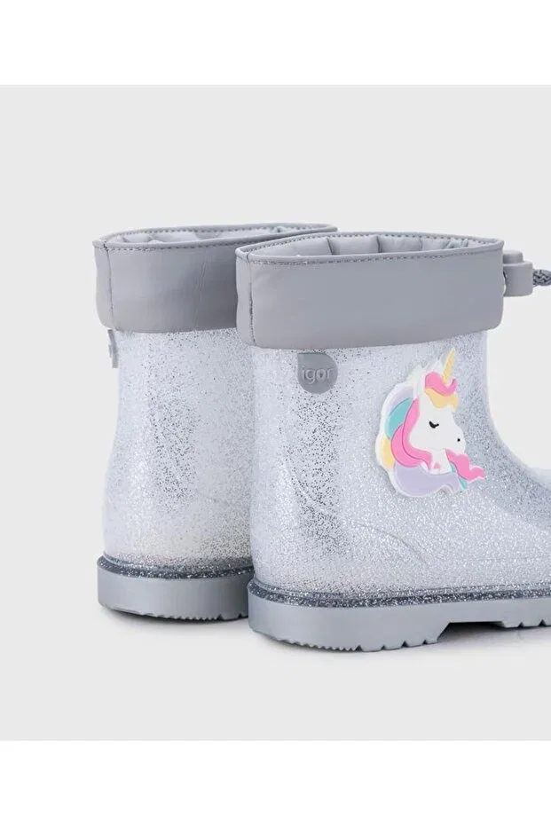 Детские сапоги для девочек водонепроницаемые Bimbi unicornio glitter rain boots Igor, Silver — фото 3