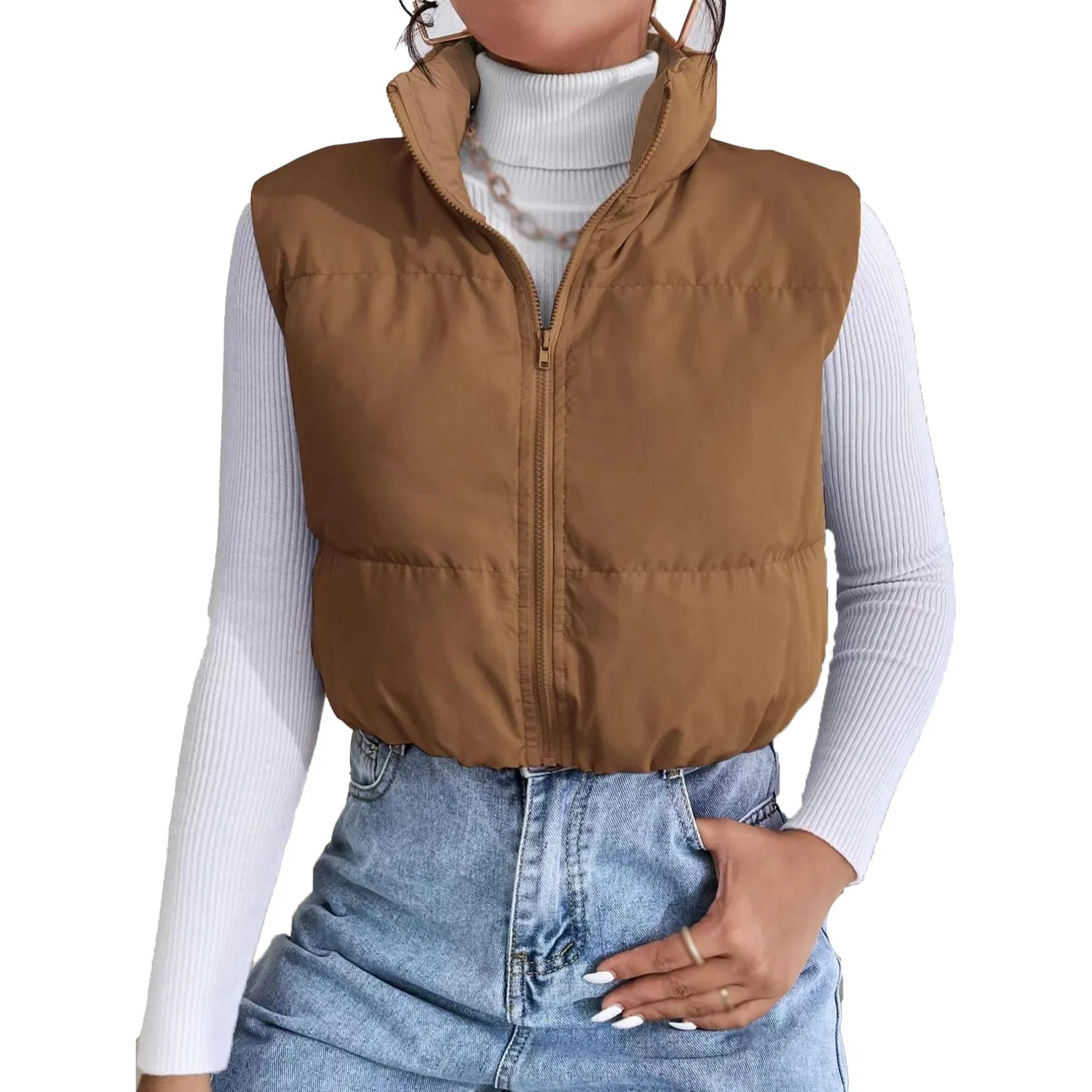 Женский жилет без рукавов с молнией и воротником-стойкой, Marrone chiaro