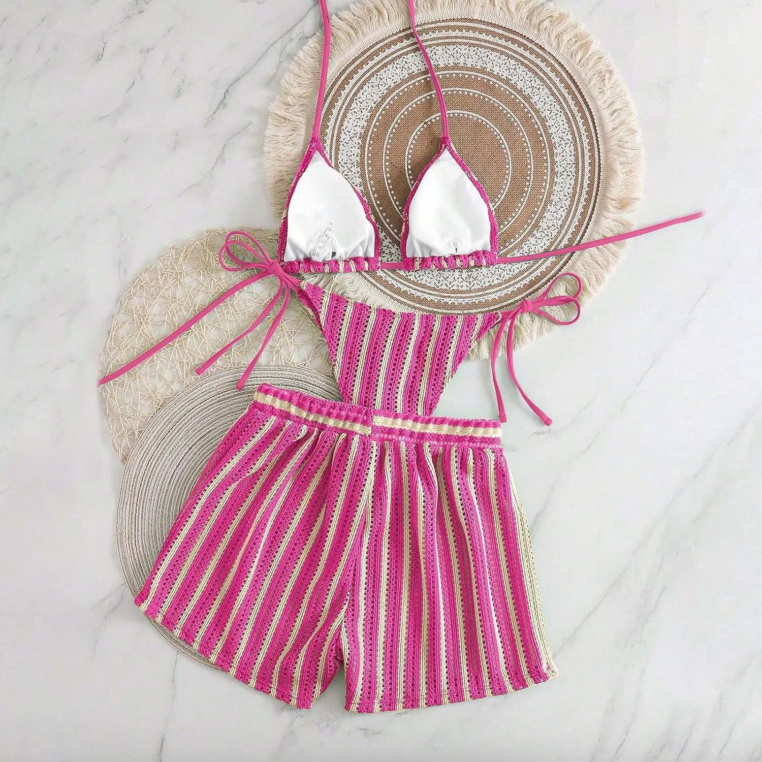 Женский купальный костюм с вязаным топом и шортами, Hot Pink — фото 4