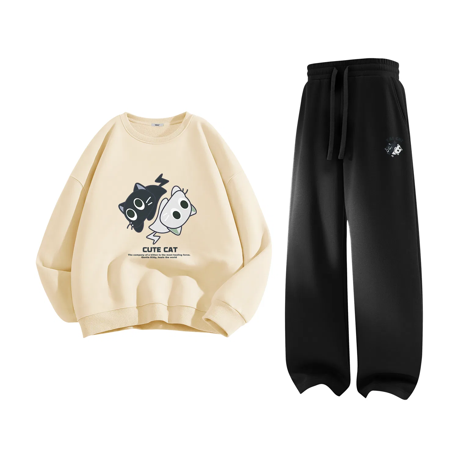 Детский комплект из свитшота и брюк Ma Tai Chi Cat MINISO, Light Beige + Black