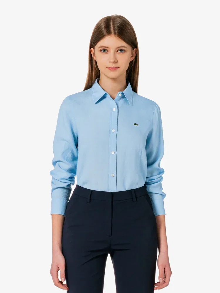 Рубашка LACOSTE женская из льна, свободного кроя, синяя — фото 2