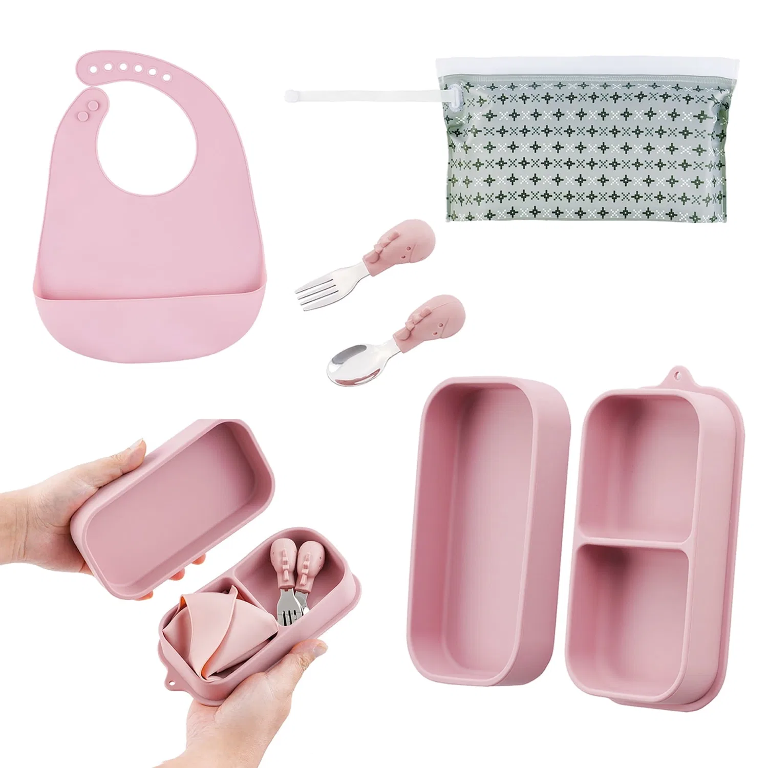 Набор дорожной посуды для кормления 6 предметов, Silicone, Lumikrypt, Pink