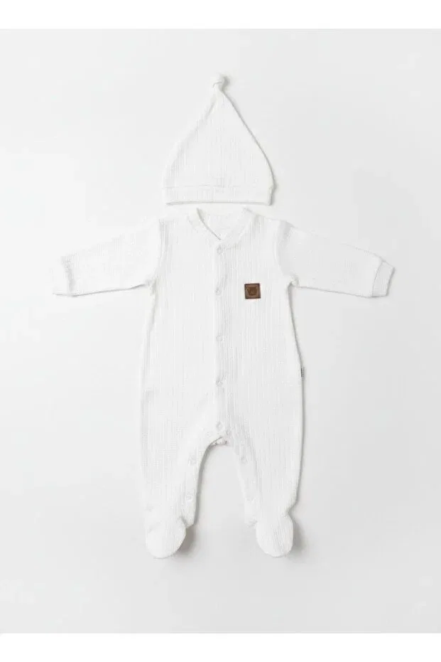 Детский комбинезон для новорожденных хлопковый Organic cotton long sleeve baby bodysuit with booties - soft textured newborn jumpsuit Babytex, White — фото 2