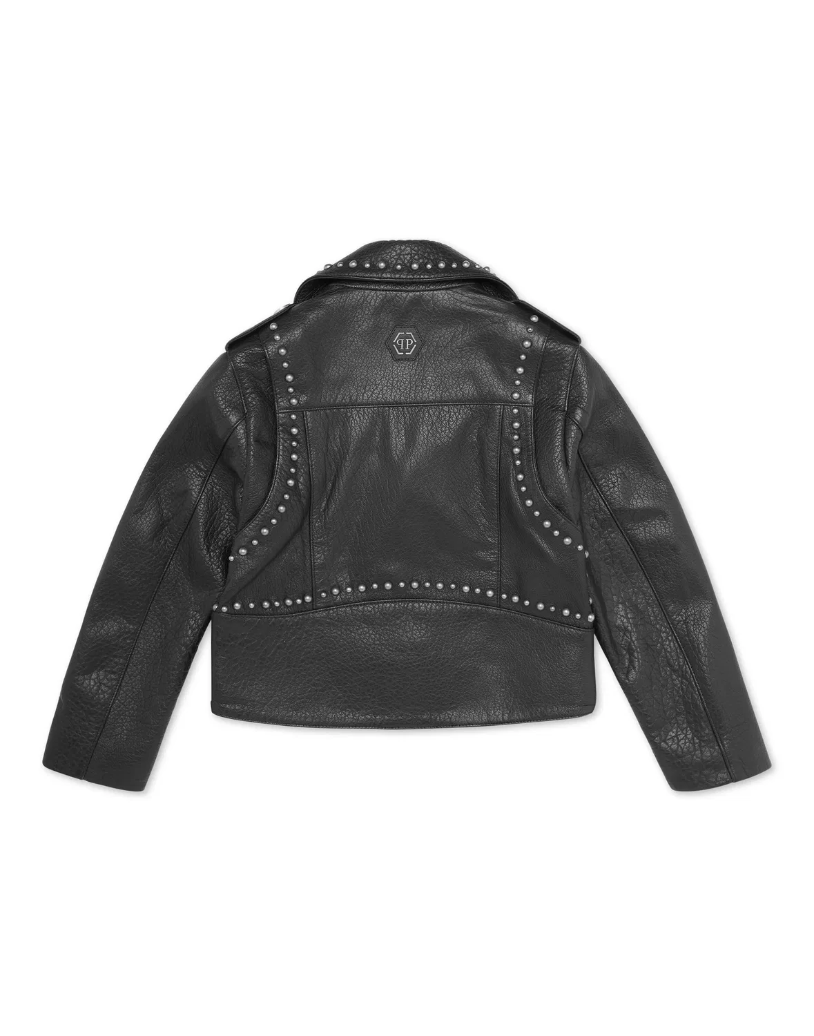 Детская кожаная куртка-косуха с асимметричной молнией Leather Biker Jacket Smile PHILIPP PLEIN, черный — фото 3