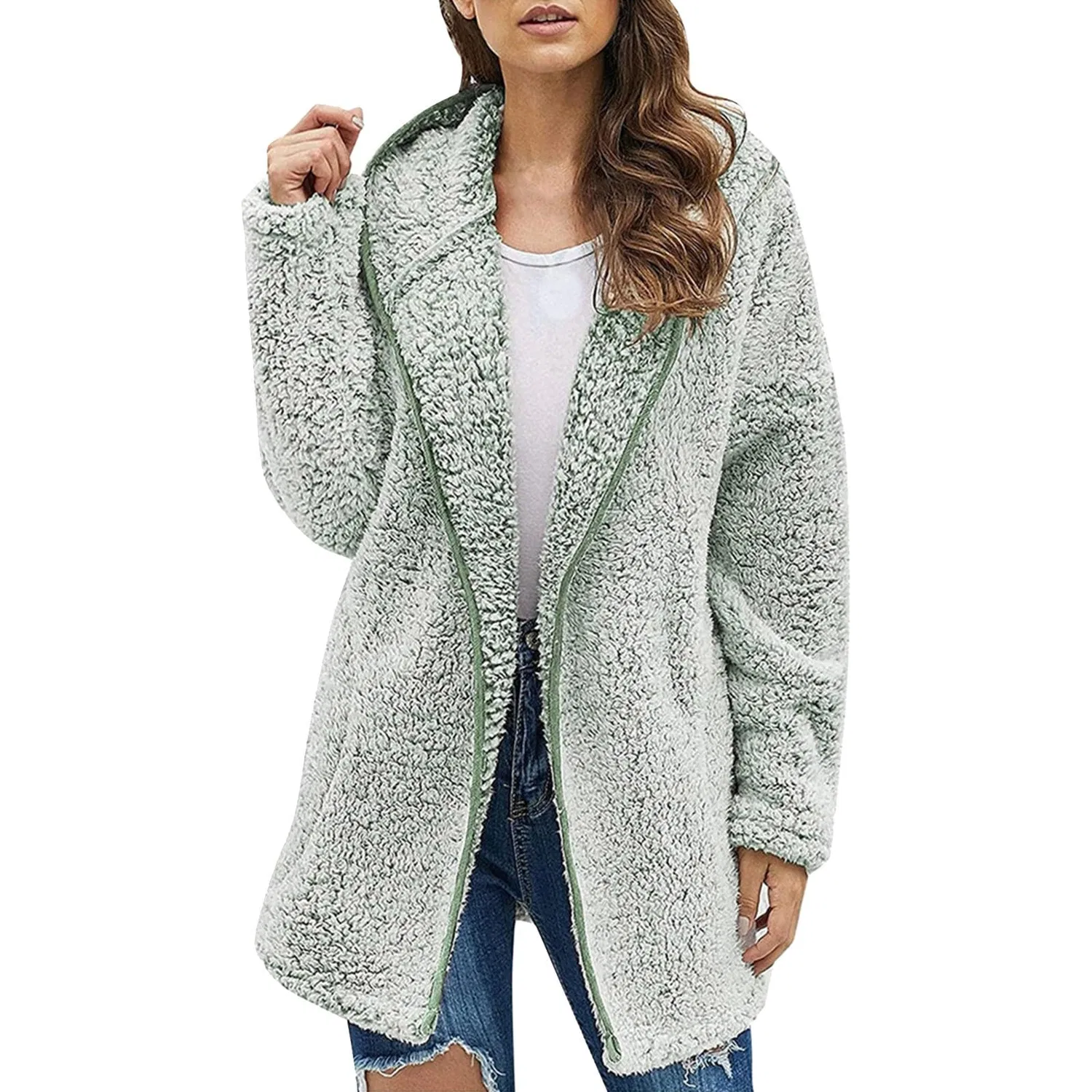 Женское дождевик с капюшоном из искусственной шерсти, Verde